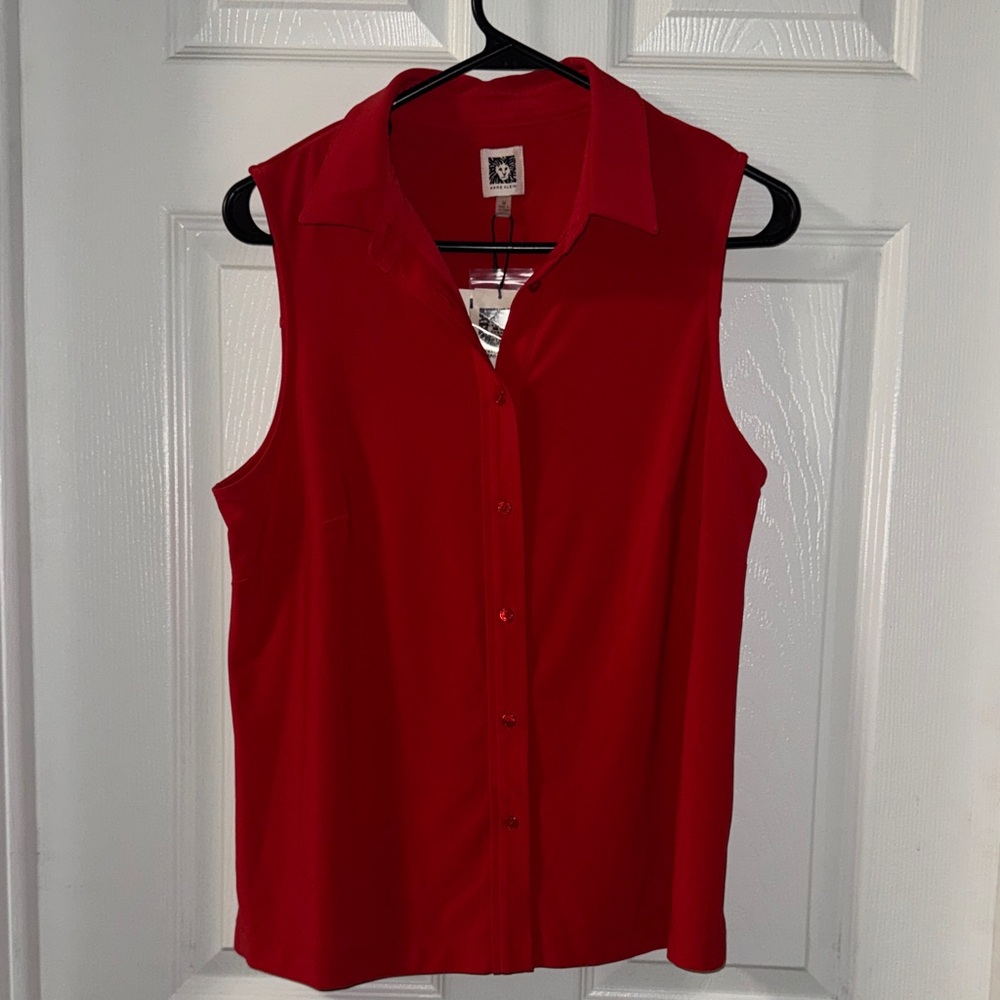 Anne Klein Vibrant Red Sleeveless Button-Down Shirt